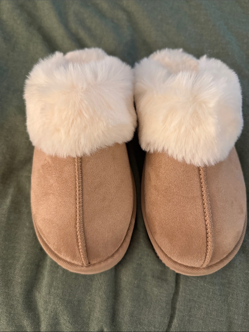 LOFT Tan Suede Faux-Fur Cuff Slippers